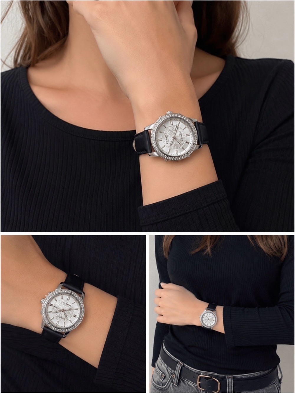 Coach Silver Crystal Dial Black Leather Strap Watch